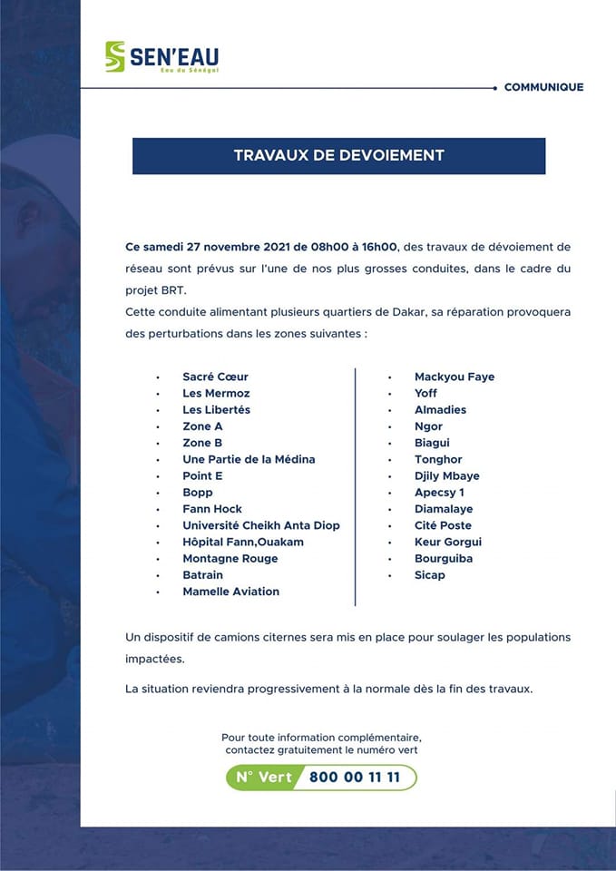 Sen’Eau annonce encore des perturbations dans la distribution de l’eau à Dakar