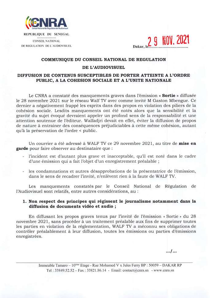 Dérapages de Gaston Mbengue: Le CNRA interpelle Walf pour diffusion de contenus pouvant « porter atteinte à la cohésion sociale et à l’unité nationale »