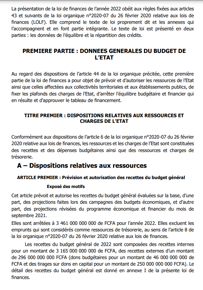 Projet de loi Finances 2022: Ce qu'il faut savoir sur les Données générales du Budget de l'Etat (Document)