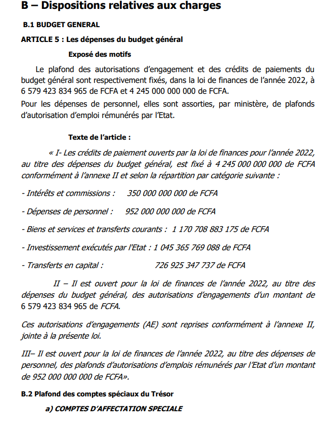 Projet de loi Finances 2022: Ce qu'il faut savoir sur les Données générales du Budget de l'Etat (Document)