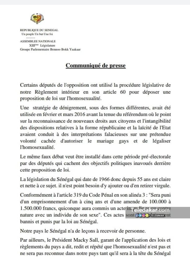 Criminalisation de l’homosexualité au Sénégal: Les députés de la majorité rejettent le projet de loi et...
