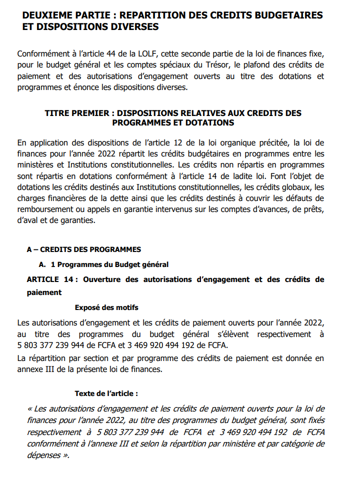 Finances pour l'année 2022: Ce qu'il faut savoir sur les dispositions aux crédits des programmes et dotations (Document, partie 1)
