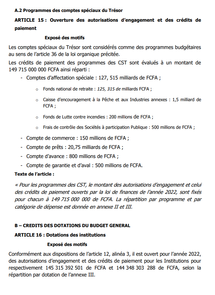 Finances pour l'année 2022: Ce qu'il faut savoir sur les dispositions aux crédits des programmes et dotations (Document, partie 1)
