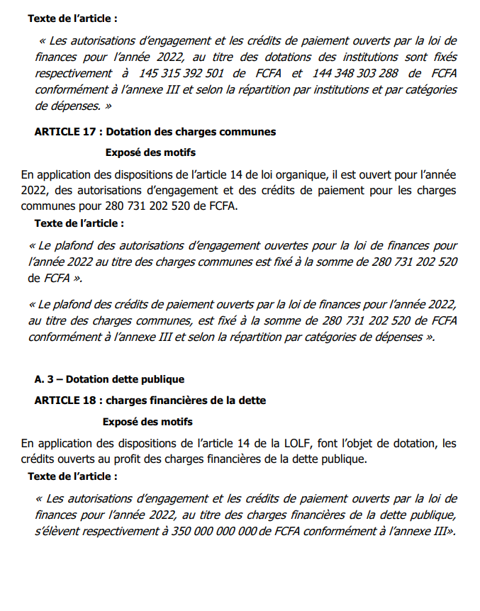 Finances pour l'année 2022: Ce qu'il faut savoir sur les dispositions aux crédits des programmes et dotations (Document, partie 1)