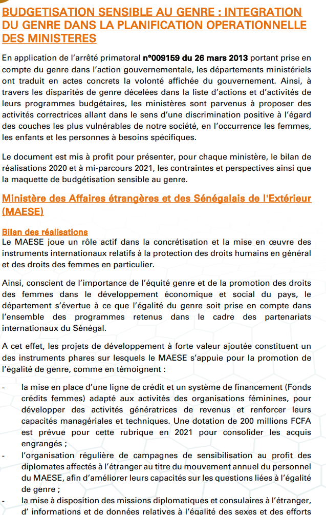 Budgétisation sensible au Genre: Comment l'intégration du Genre dans la planification opérationnelle des Ministères a été faite (Document)