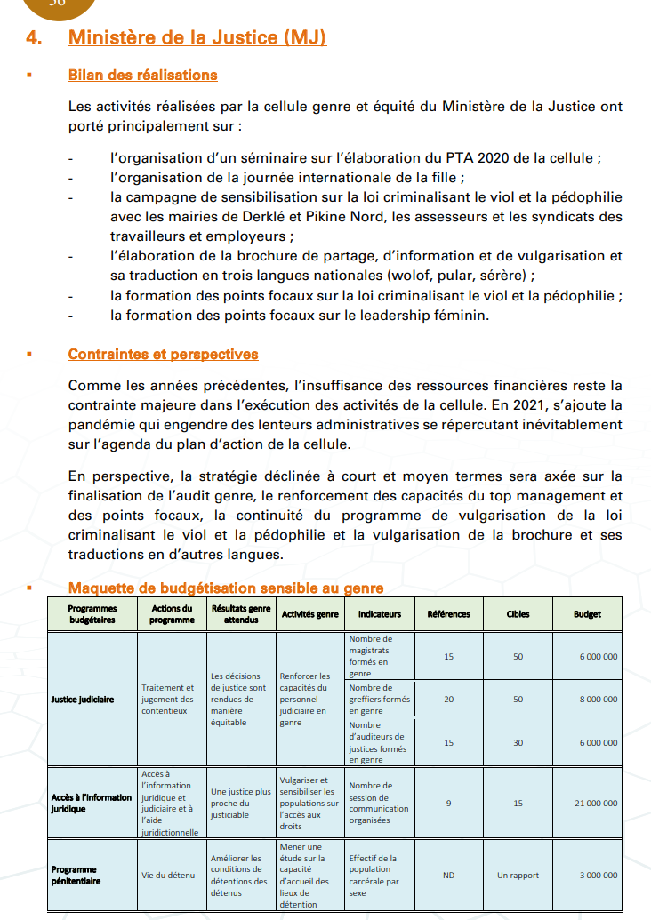 Budgétisation sensible au Genre: Comment l'intégration du Genre dans la planification opérationnelle des Ministères a été faite (Document)