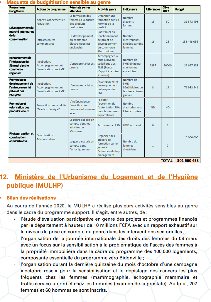 Budgétisation sensible au Genre: Comment l'intégration du Genre dans la planification opérationnelle des Ministères a été faite (Document, partie 2)