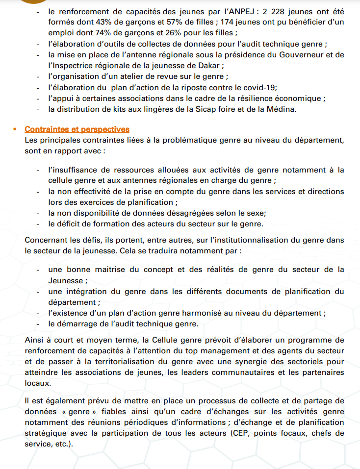 Budgétisation sensible au Genre: Comment l'intégration du Genre dans la planification opérationnelle des Ministères a été faite (Document, partie3)