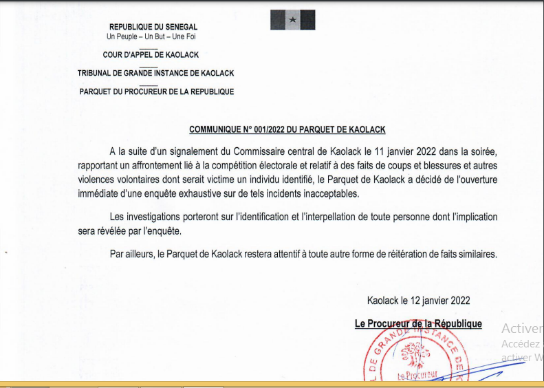 Incidents électoraux: Le Parquet de Kaolack annonce l’ouverture immédiate d’une enquête exhaustive