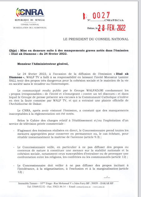 Propos blasphématoires de Serigne Lamine Sall : Le Cnra somme Walf Tv de présenter ses excuses et...