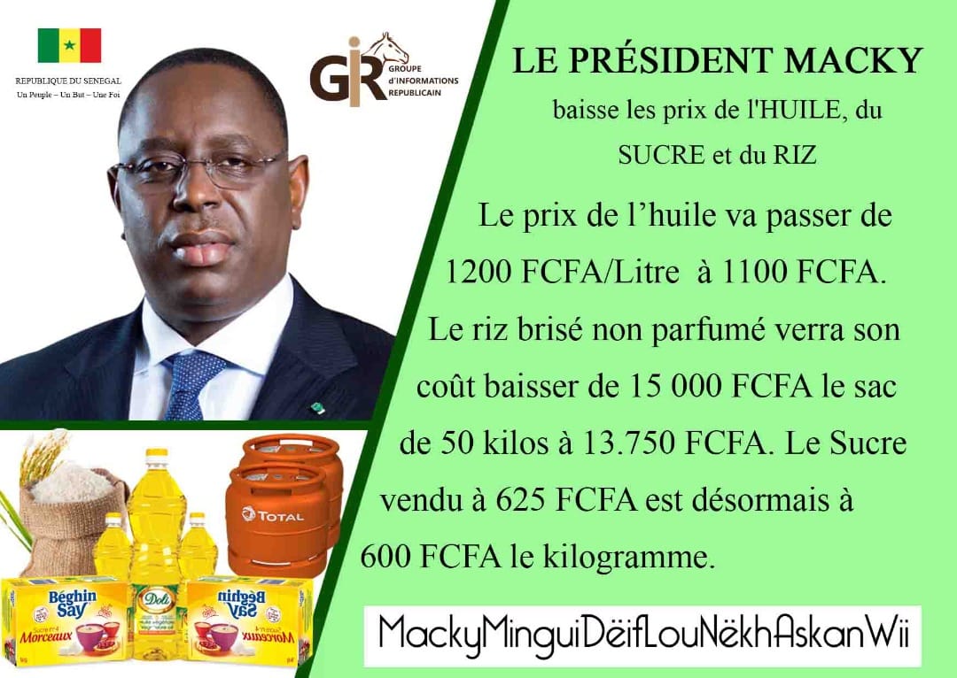 Le président de la République, Macky Sall a baissé les prix de 3 produits alimentaires. Le président de la République, Macky Sall a baissé les prix de 3 produits alimentaires.