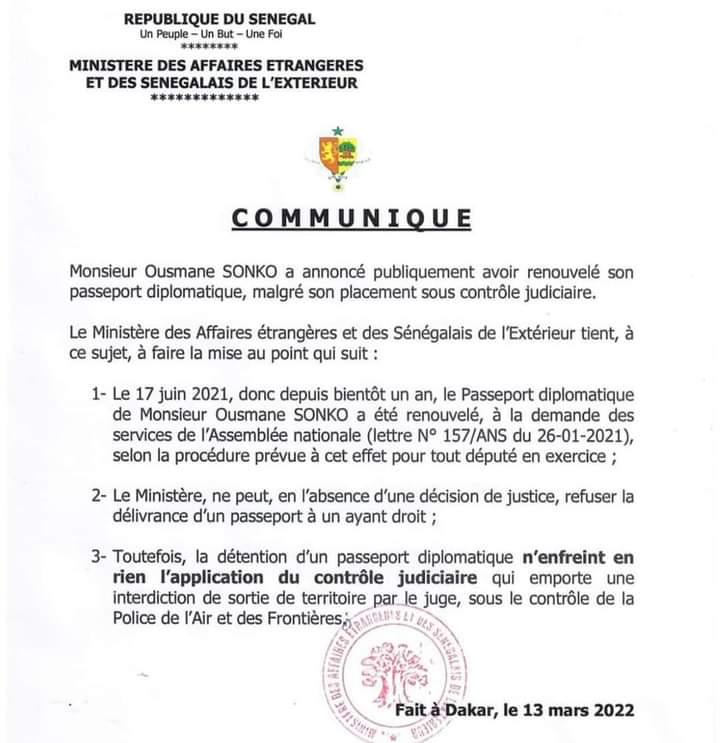Affaire du passeport diplomatique d’Ousmane Sonko: Le gouvernement répond