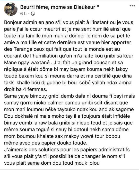 Sénégal : Son mari donne le nom de sa maîtresse à sa fille : Le récit d'une femme qui se sent "humiliée et trahie..."