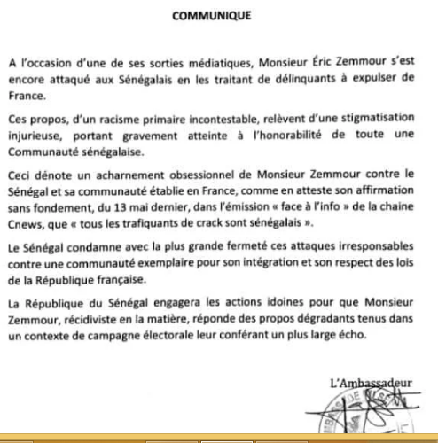 Diplômatie: Le Sénégal annonce des poursuites contre Eric Zemmour