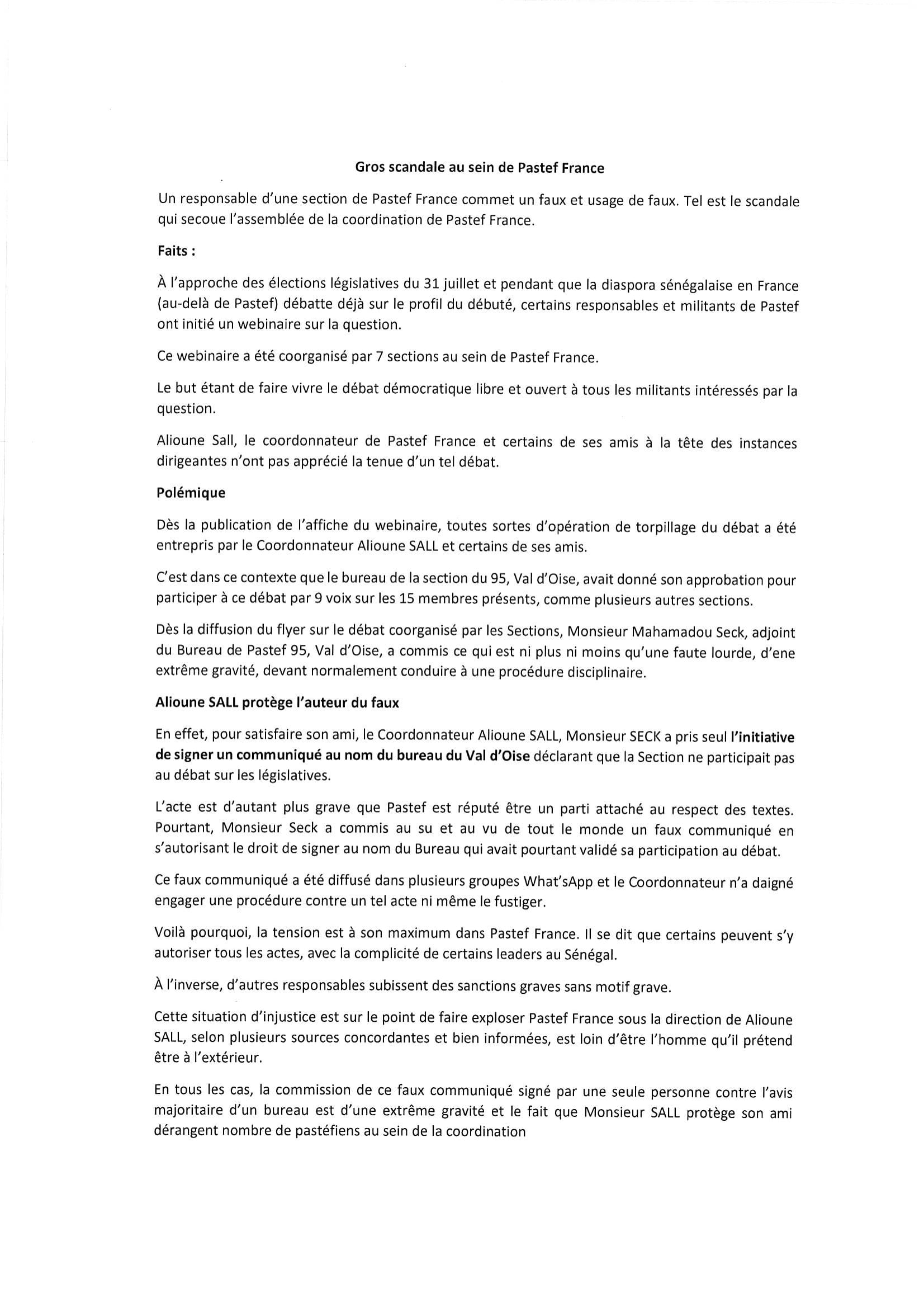 Faux et usage de faux: Un responsable de Pastef France au coeur d’un scandale ( Documents ) Faux et usage de faux: Un responsable de Pastef France au coeur d’un scandale ( Documents )