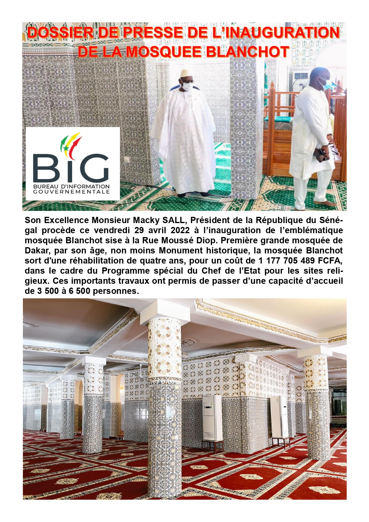 La mosquée Blanchot sort d'une réhabilitation de quatre ans, pour un coût de 1.177.705.489 FCFA ( Macky Sall )