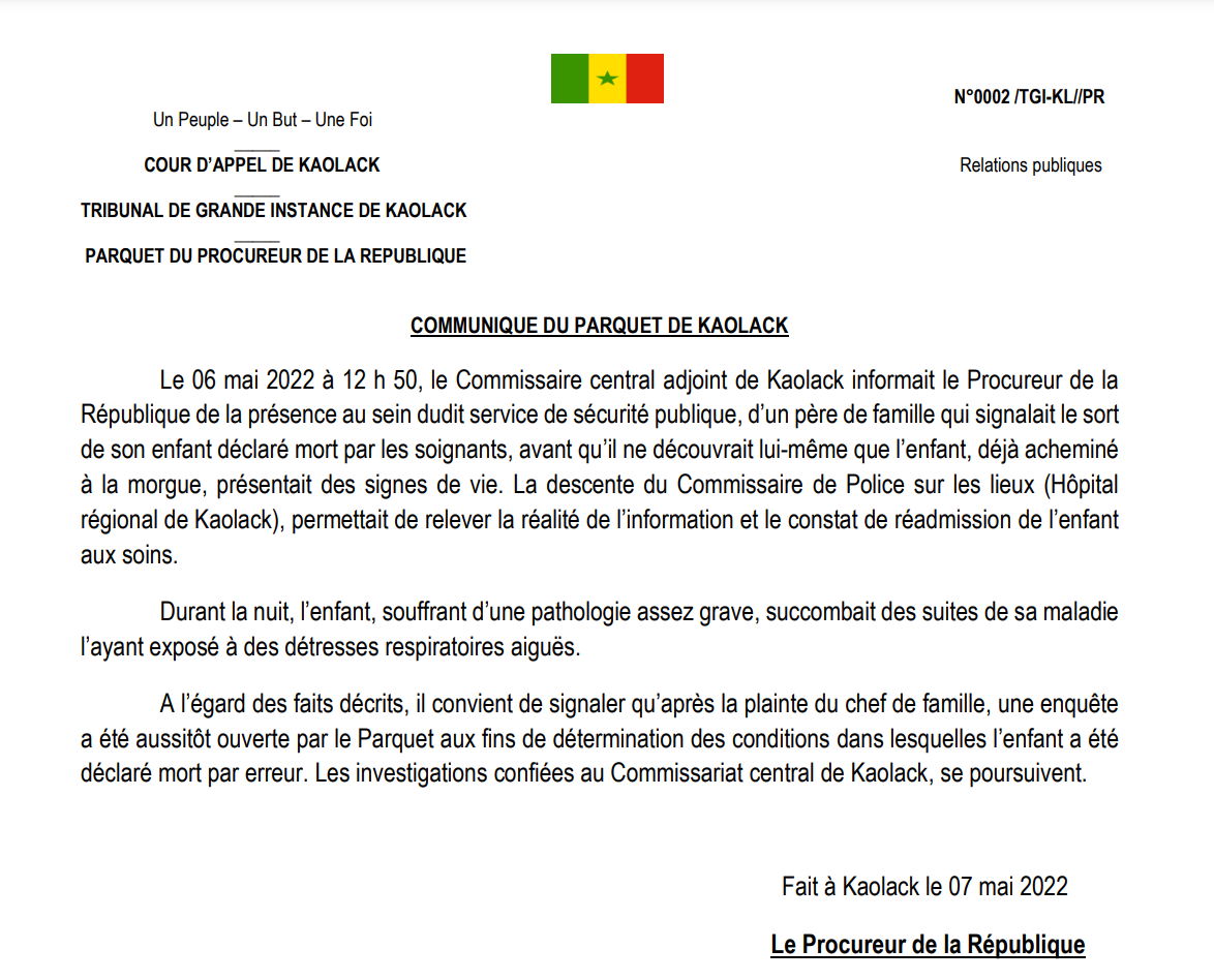 Hôpital régional de Kaolack: Un enfant déclaré mort et acheminé à la morgue le matin,...succombe dans la nuit
