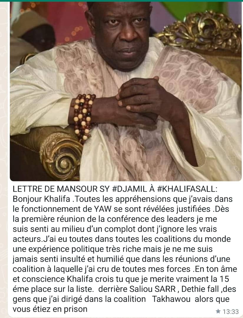 Mansour Sy Djamil à Khalifa Sall : "Crois-tu que je mérite cette 15e place sur la liste ? Je ne me suis jamais senti aussi humilié que..."