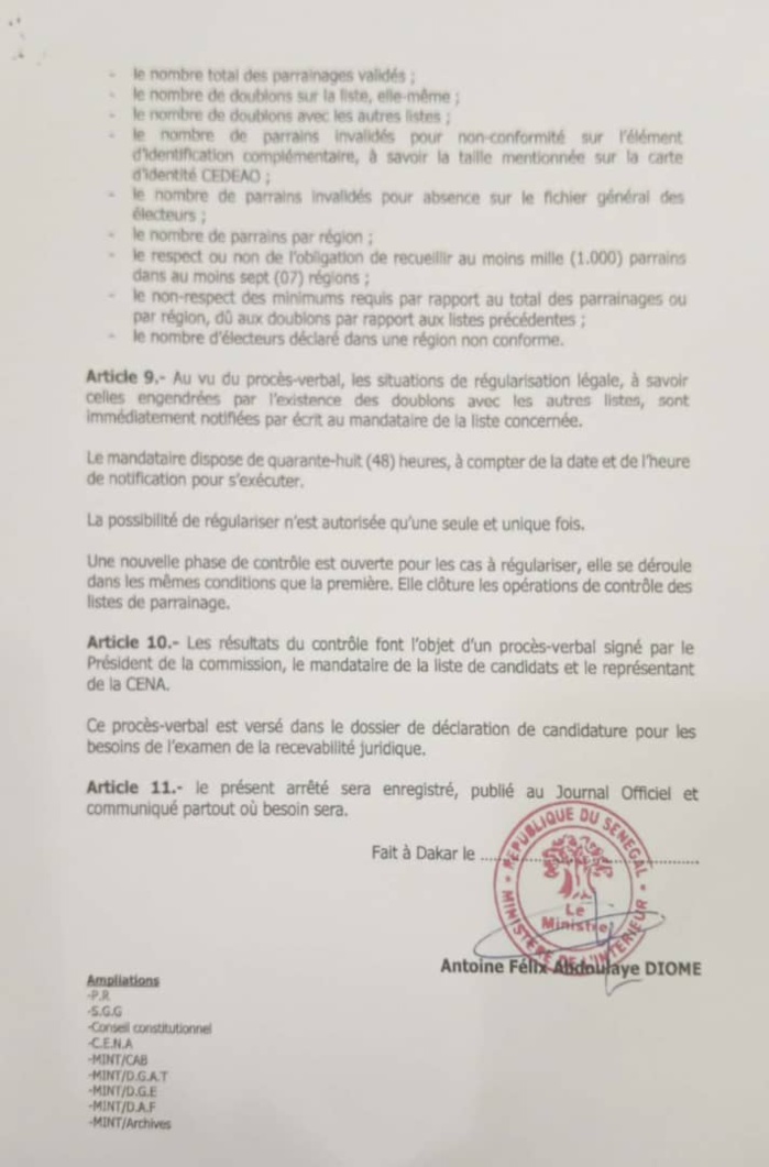 Le surplus de parrainages n'a aucun effet sur la validité d'une liste, selon l'article 6 d'un arrêté ministériel