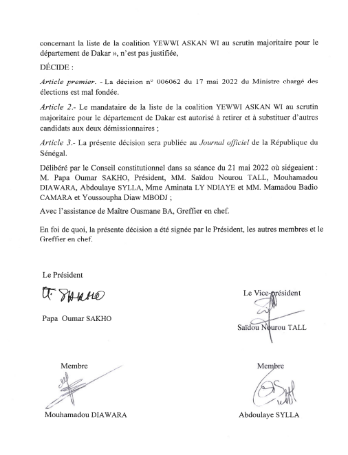 Voici la Décision du Conseil constitutionnel qui annule celle de la DGE (Document) au profit de YAW