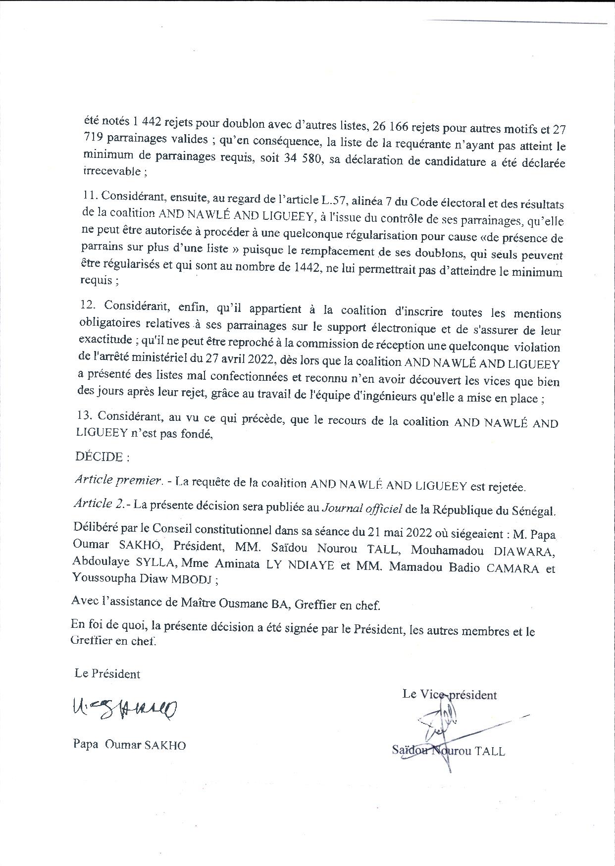 Conseil Constitutionnel : La requête de la coalition AND NAWLÉ AND LIGUEEY, rejetée (Document)