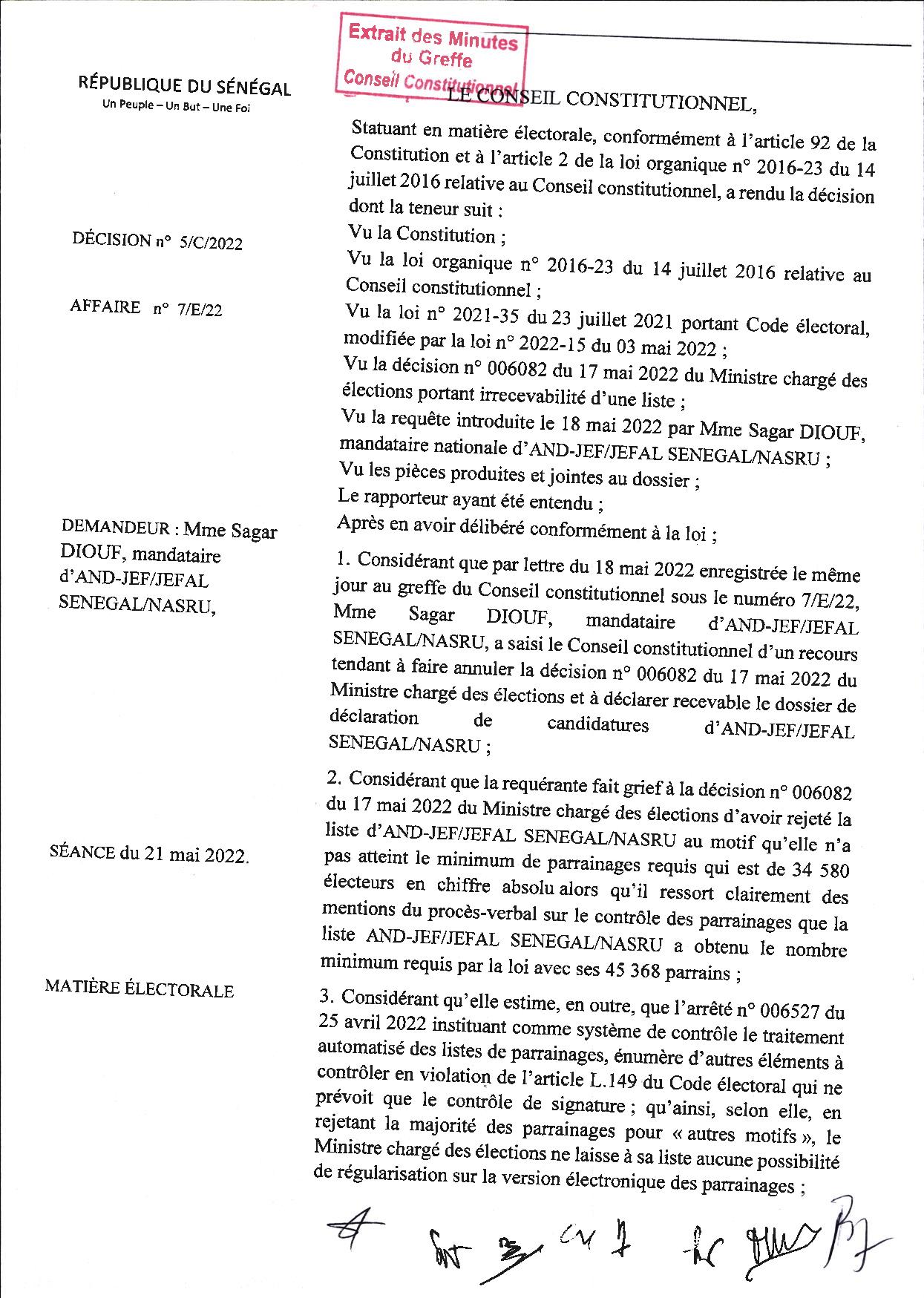 Décision n°5 : Le Conseil Constitutionnel rejette la requête de AND-JEF/JEFAL SENEGAL/NASRU