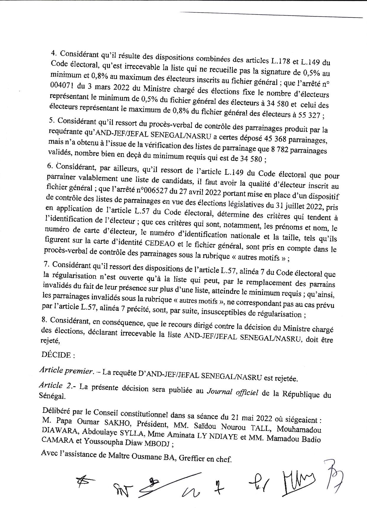 Décision n°5 : Le Conseil Constitutionnel rejette la requête de AND-JEF/JEFAL SENEGAL/NASRU