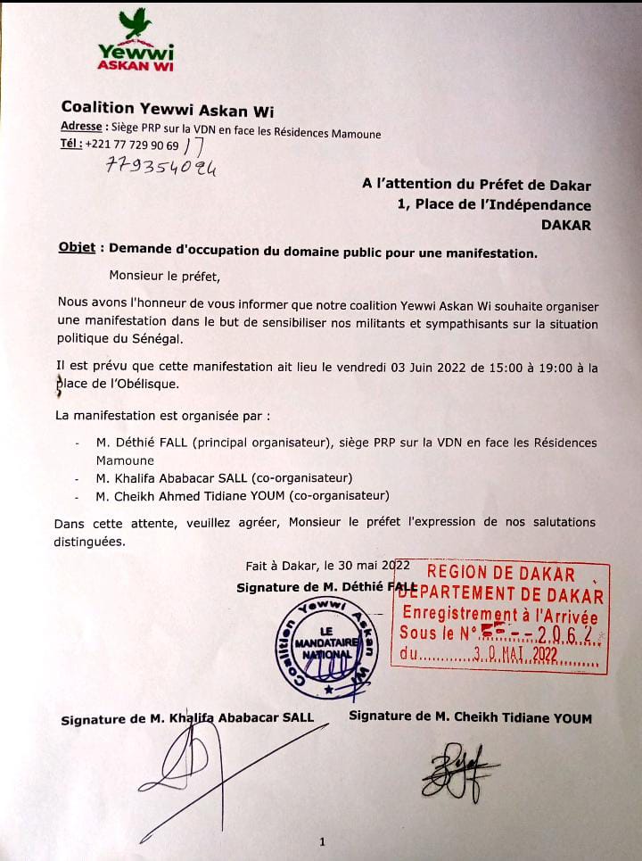 Manifestation populaire du 3 juin 2022 : YAW a déposé la note d'information auprès du Préfet de Dakar (Document)