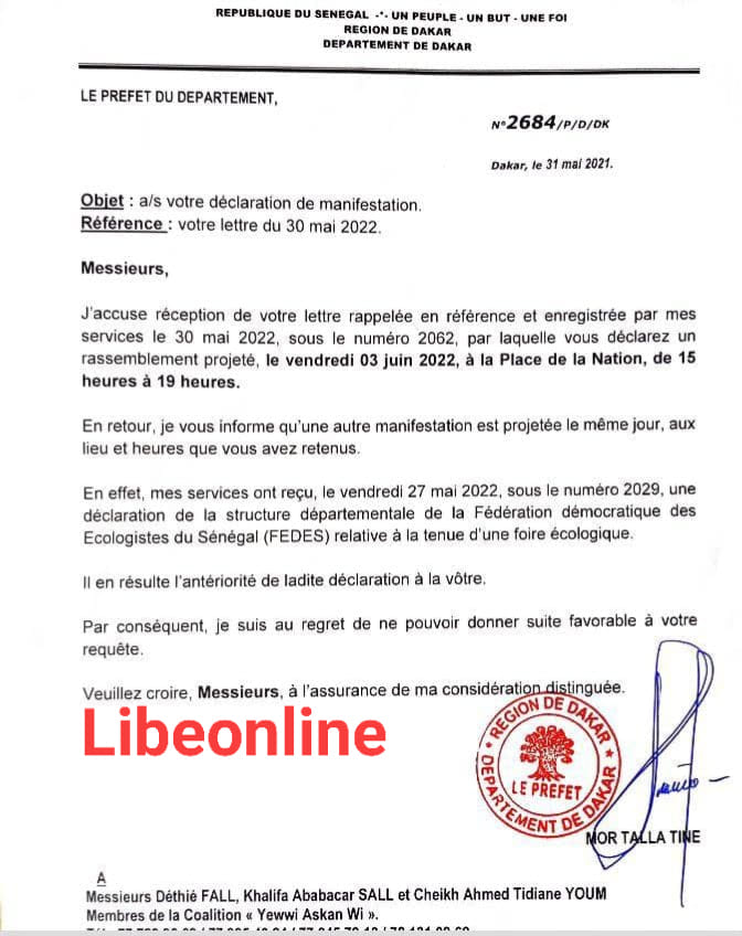 Manifestation de Yaw refusée : Ce que le préfet a écrit à Déthié Fall