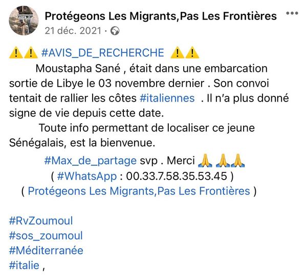 Libye : disparu depuis le 03/11/2021, le corps sans vie de Moustapha Sané a été retrouvé la semaine dernière, sur une plage