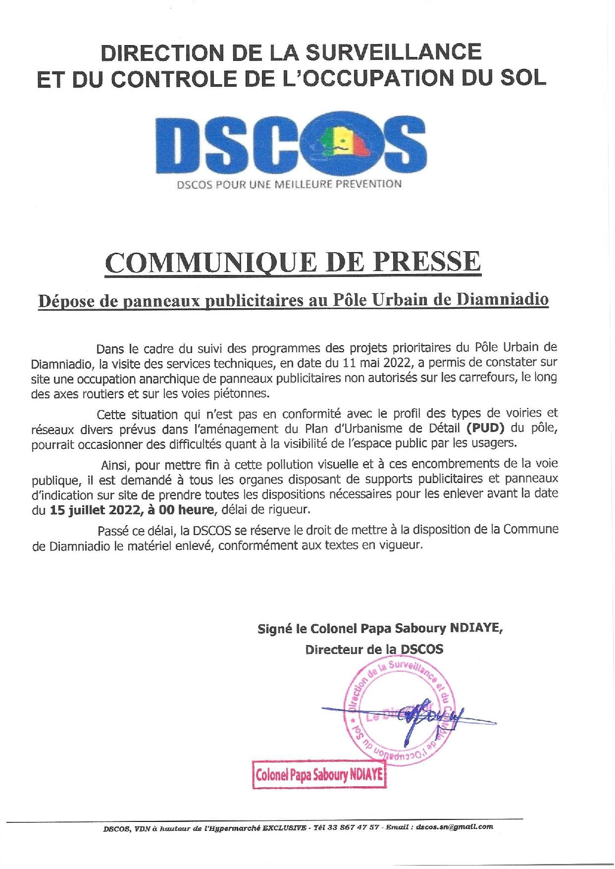 Occupation illégale - Ancienne piste et pôle urbain de Diamniadio : Un délai allant jusqu’au 15 juillet, accordé par la DSCOS aux propriétaires de panneaux