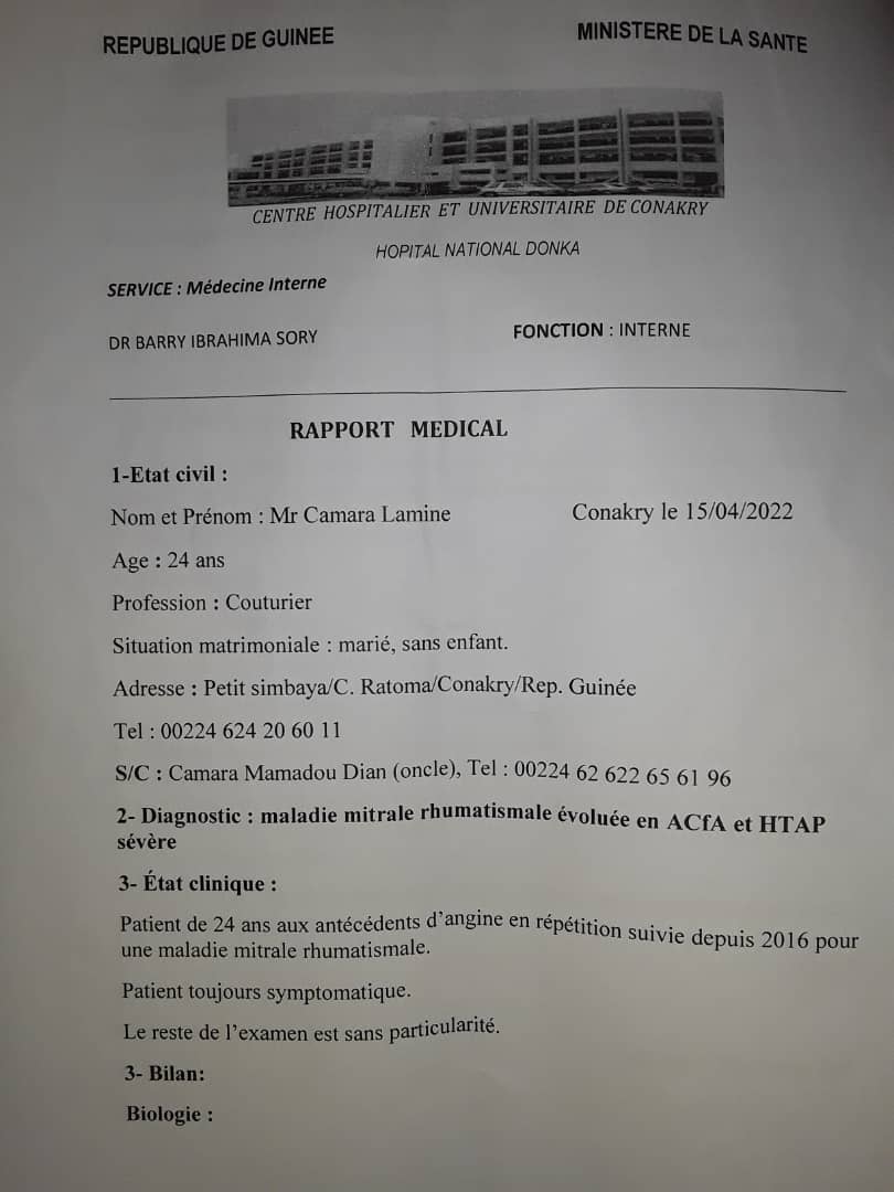 SOS / Atteint d’une maladie cardiaque grave: Lamine Camara sollicite une aide financière de près de 8 millions FCfa pour se soigner en Tunisie