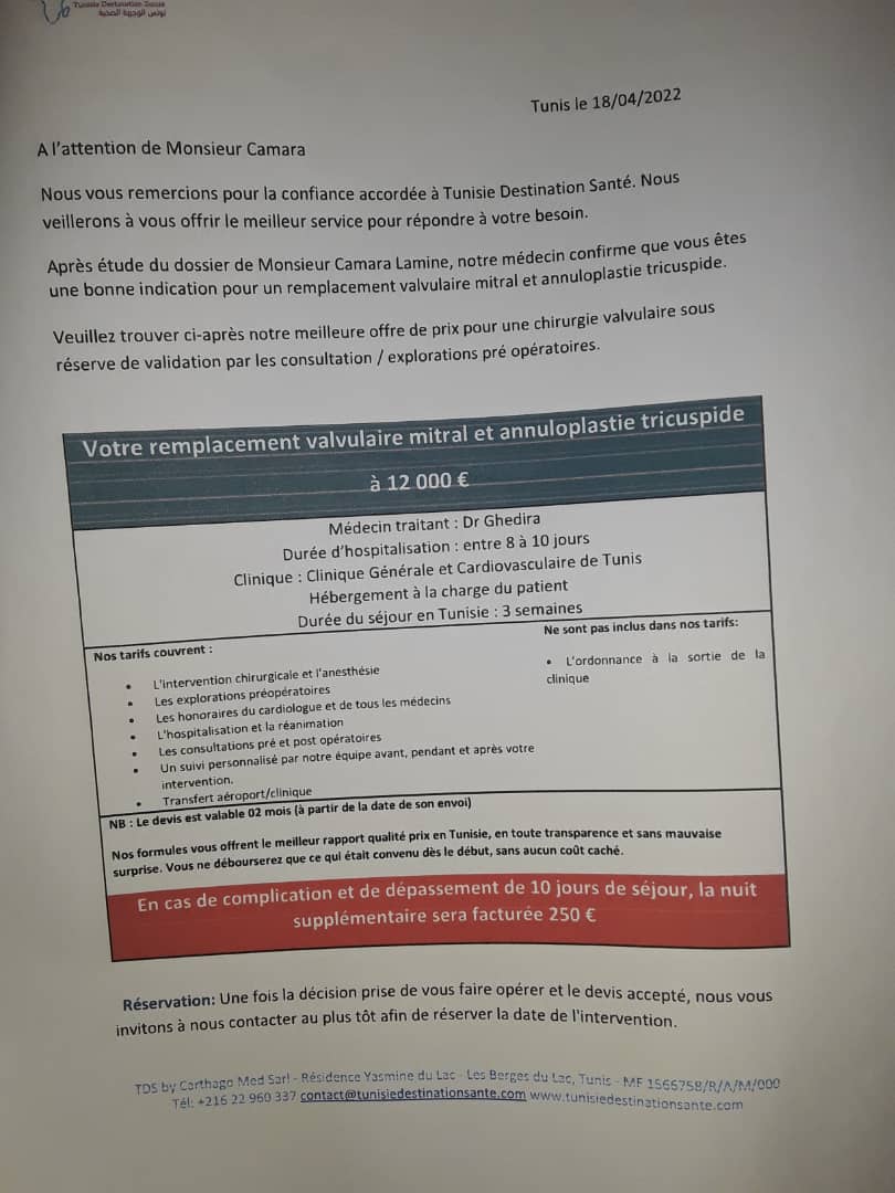 SOS / Atteint d’une maladie cardiaque grave: Lamine Camara sollicite une aide financière de près de 8 millions FCfa pour se soigner en Tunisie