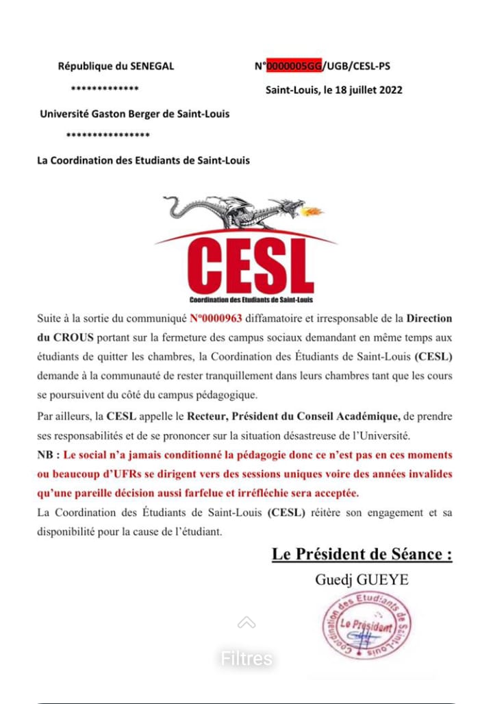 UGB : Fermeture du campus, la coordination des étudiants (CESL) invalide la décision et... (Document)