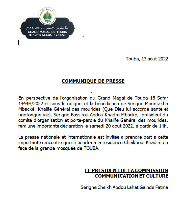 Touba: Les recommandations de Serigne Mountakha à Serigne Bass Abdou Khadre samedi prochain (document)