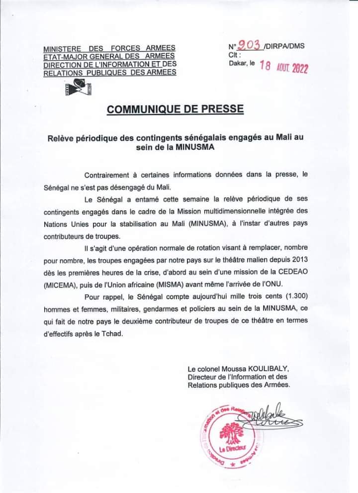 Retrait des troupes sénégalaises au Mali: L'Armée répond à Ousmane Sonko (Document)