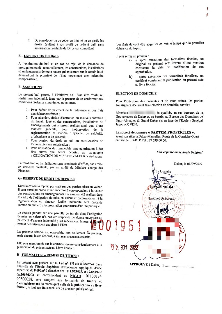 Foncier / Sertem de Léopold Ngom: Le terrain de 8000 m2 sera retiré du circuit ( Annulé), ( document)
