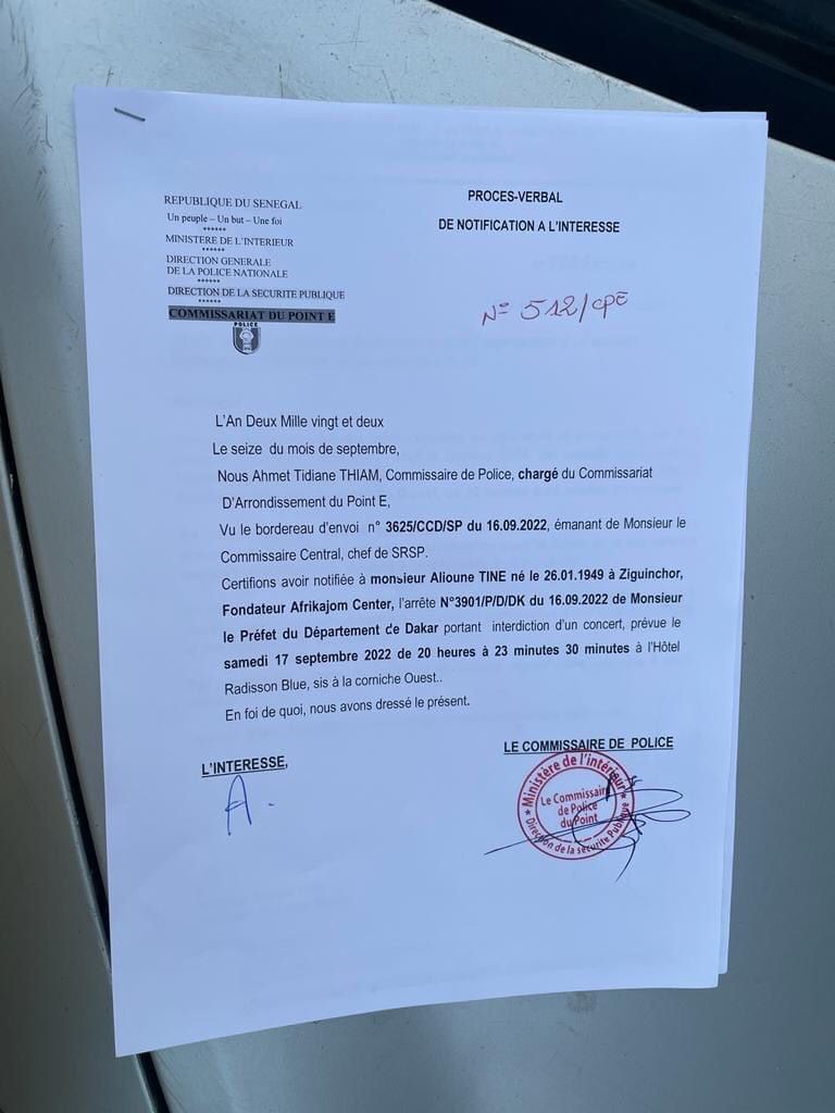 Contre le 3e mandat: Le Commissaire de Police de Point E interdit le concert d’Alioune Tine