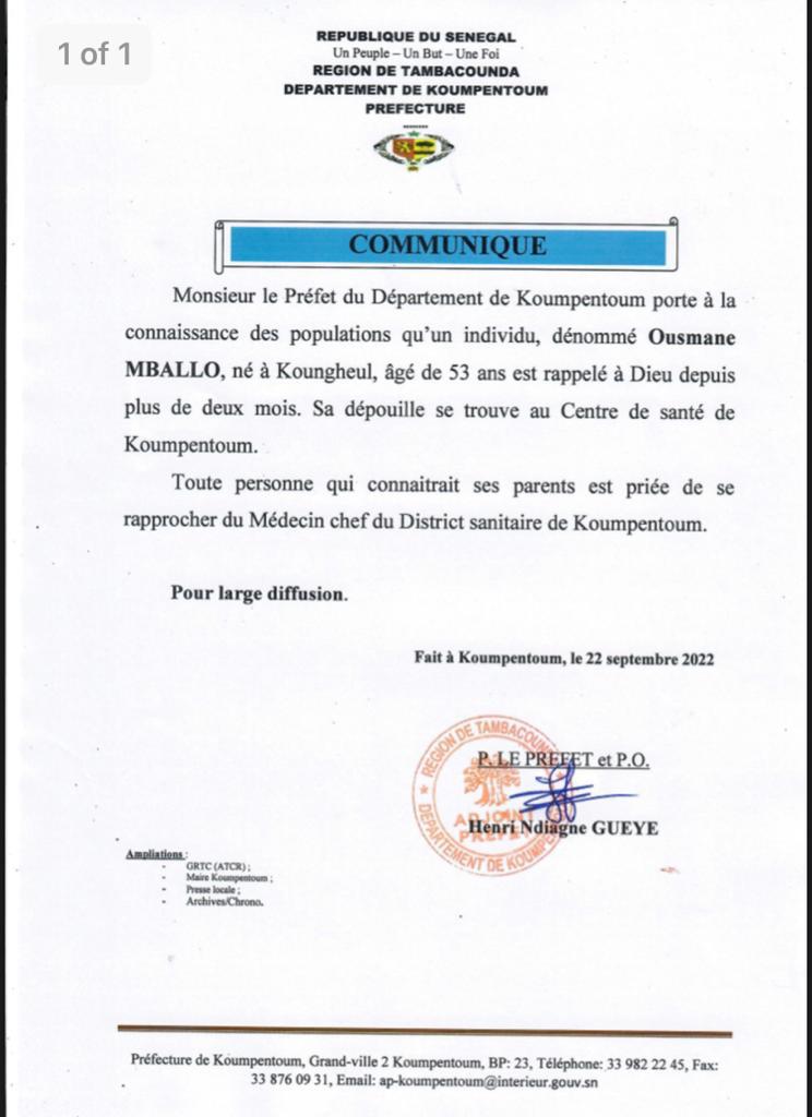 Centre de santé de Koumpentoum: La dépouille de Ousmane Mballo, 53 ans, en souffrance depuis plus de 2 mois