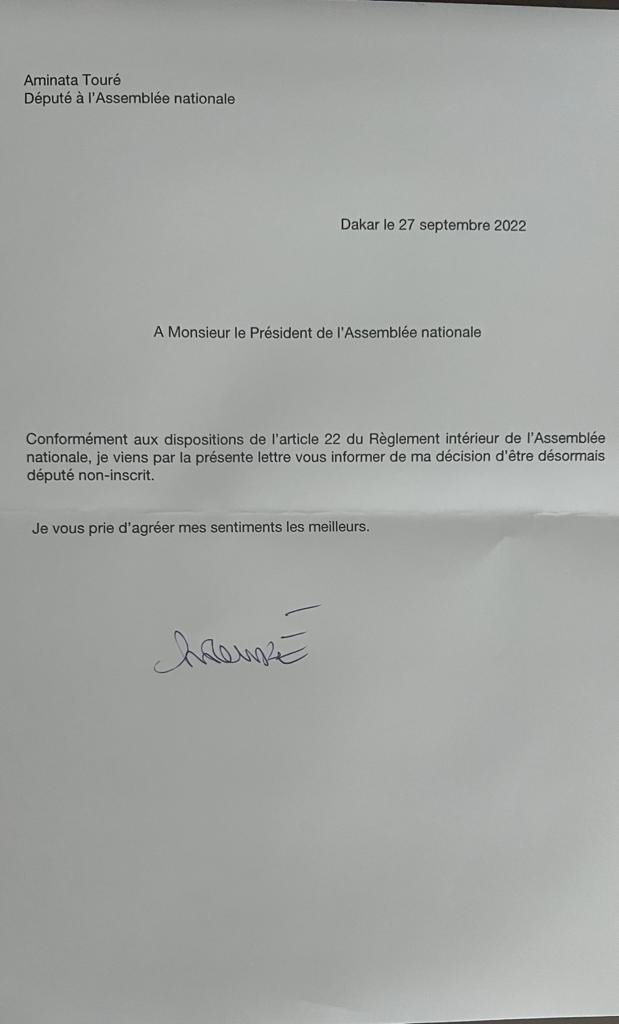 Assemblée nationale: Aminata Touré a officiellement déposé, ce mercredi, sa lettre de démission du groupe parlementaire de BBY