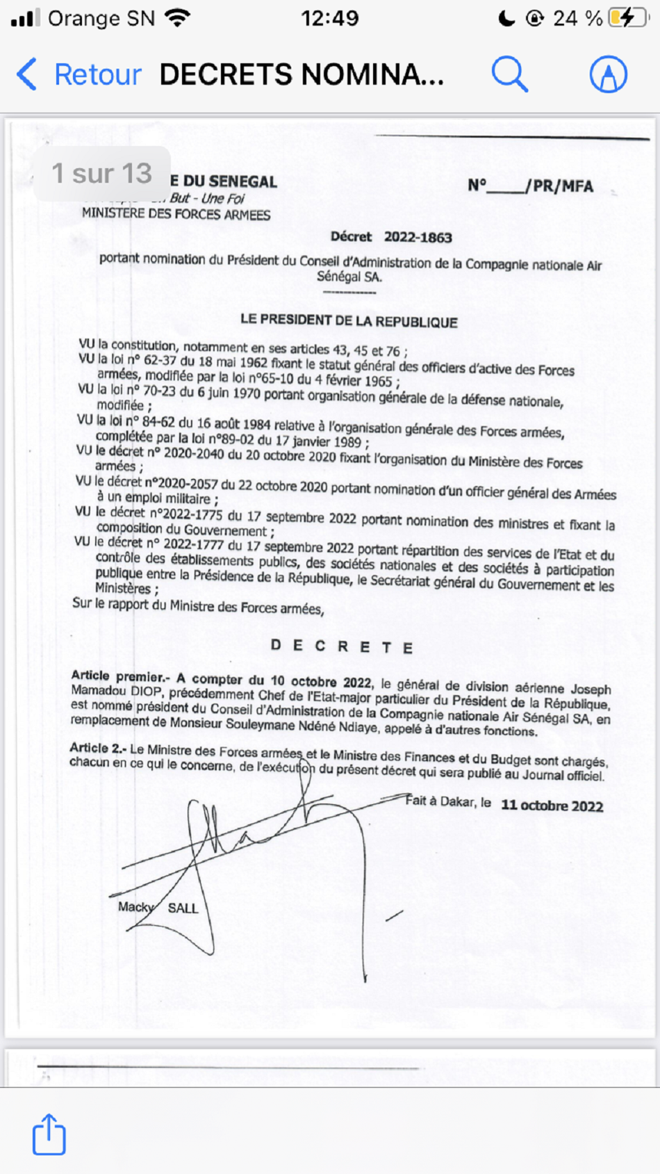 Armée Sénégalaise-Nouvelles nominations : le général Joseph Mamadou Diop devient PCA de Air Sénégal et replace Souleymane Ndéné Ndiaye