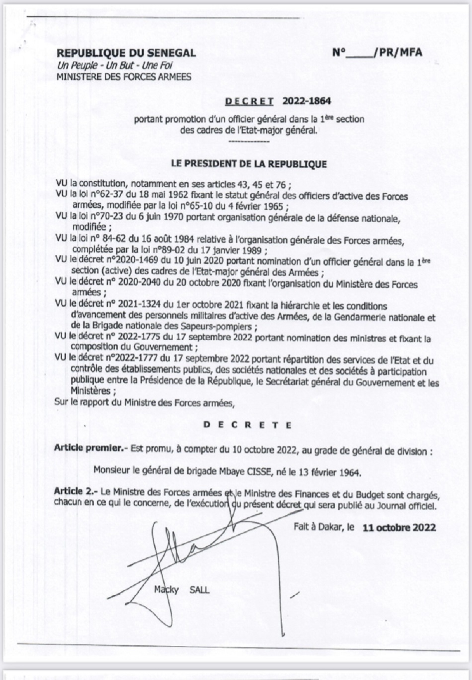 Armée Sénégalaise-Nouvelles nominations : le général de brigade Mbaye Cissé promu général de division