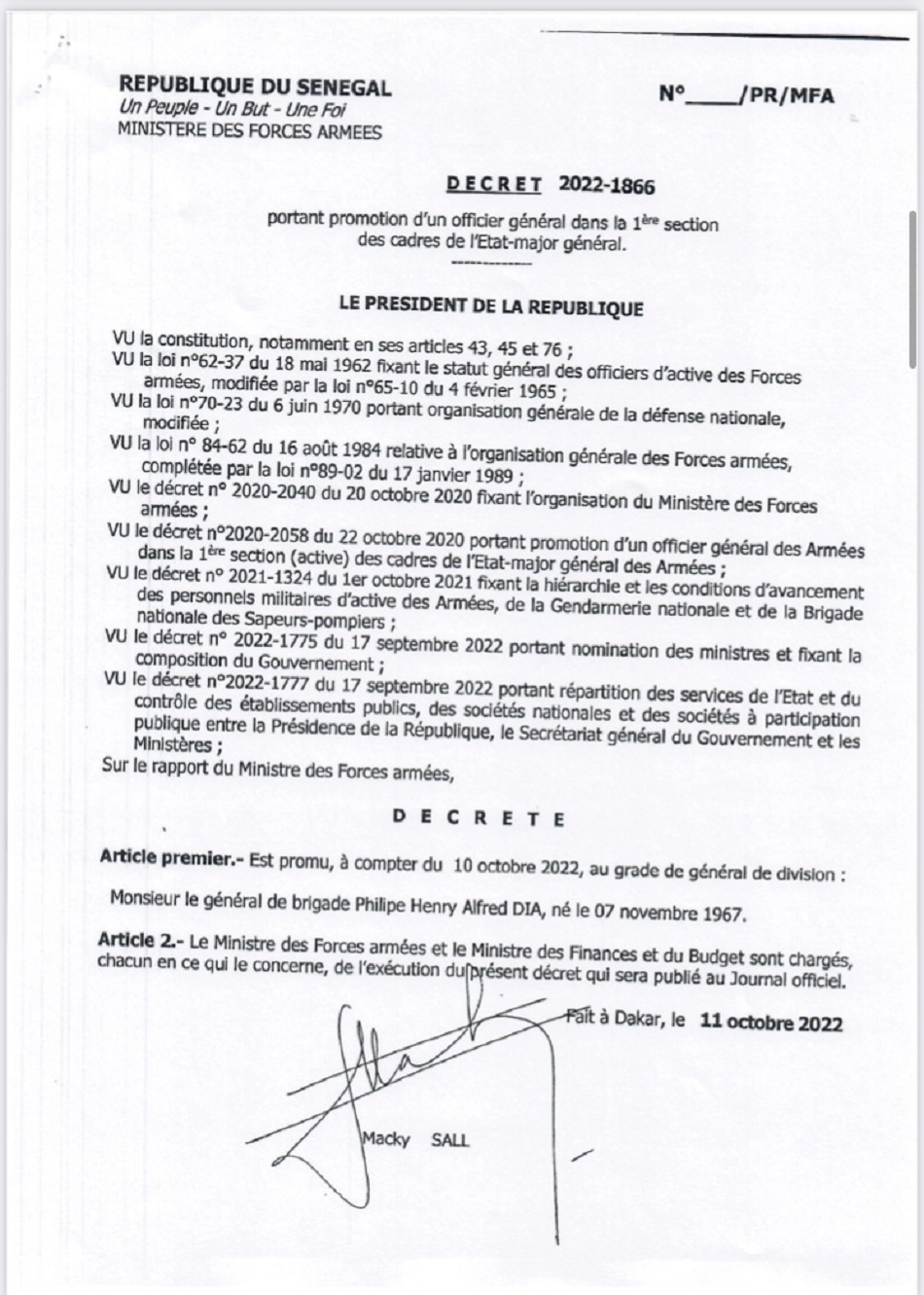 Armée Sénégalaise-Nouvelles nominations le général de brigade Philipe Henry Alfred Dia devient général de division