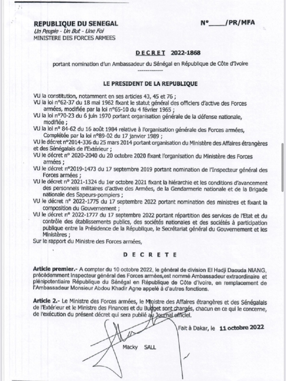 Nouvelles nominations : le  général de division, Daouda Niang nouvel ambassadeur extraordinaire et plénipotentiaire du Sénégal en Cote D’ivoire