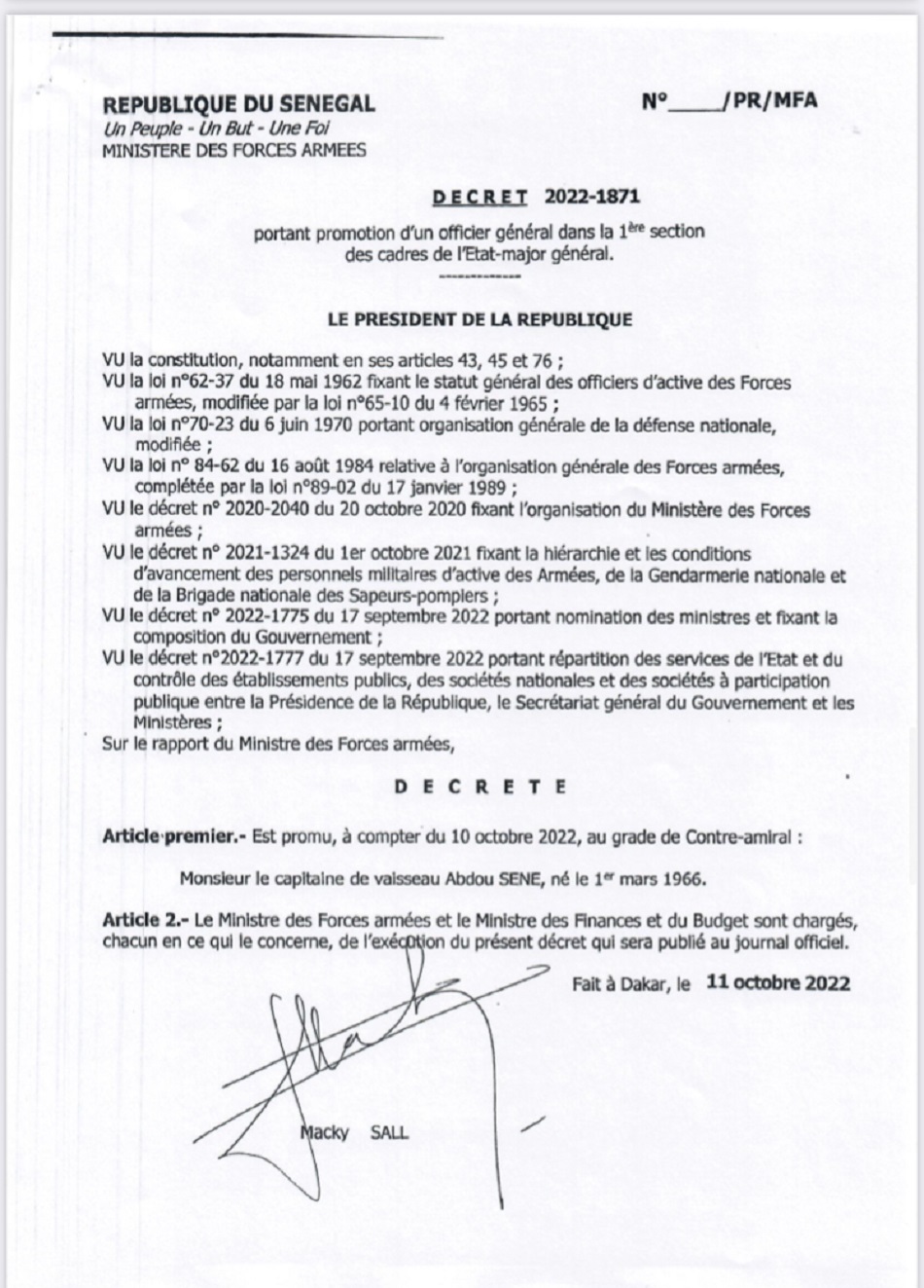 Armée sénégalaise :  Abdou Sène, capitaine de vaisseau, nommé contre-amiral