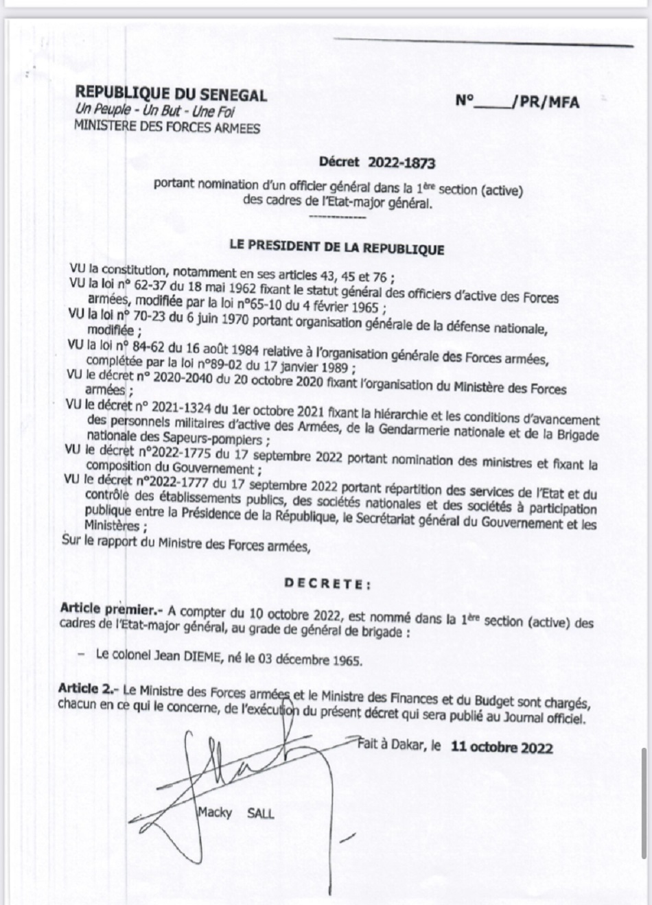 Armée Sénégalaise-Nouvelles nominations : le colonel Jean Diemé promu général de Brigade