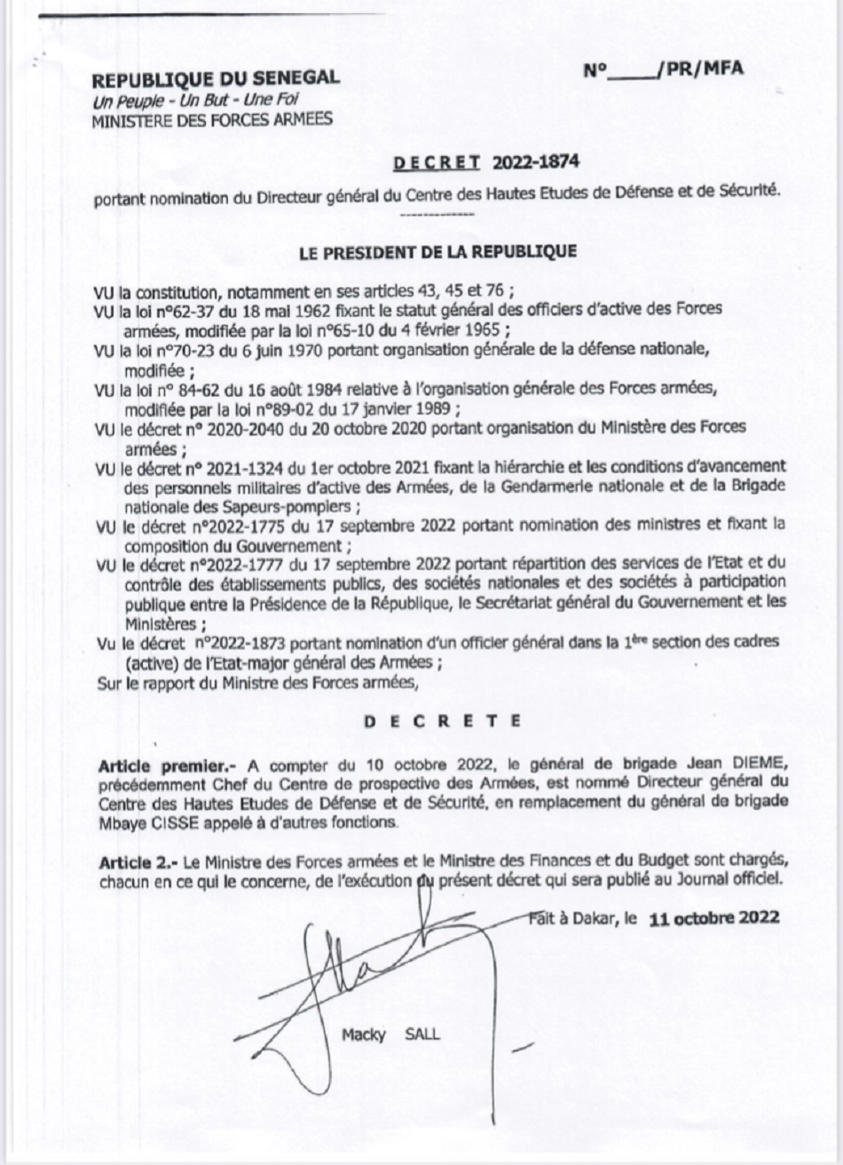 Armée sénégalaise - Nouvelles nominations : Jean Diemé promu général de Brigade, DG du Centre des Hautes Etudes de Défense et de Sécurité