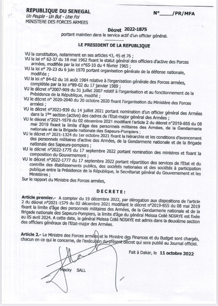 Armée sénégalaise - Age limite des personnels : Ce que dit le Décret présidentiel sur celui du général Meissa Cellé Ndiaye