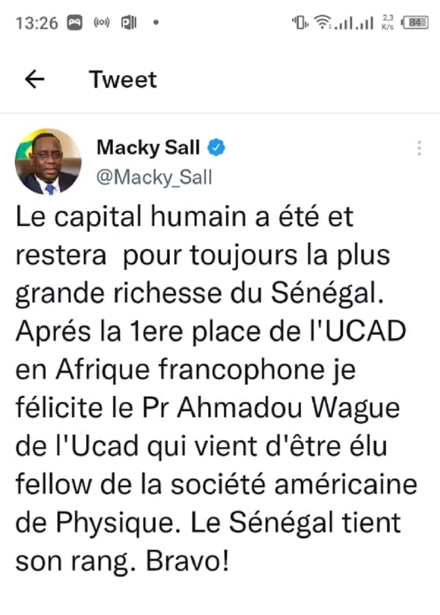Pr. Amadou Wagué élu Fellow de la Société américaine de Physique : Le Président Macky Sall magnifie le capital humain, la plus grande richesse du Sénégal