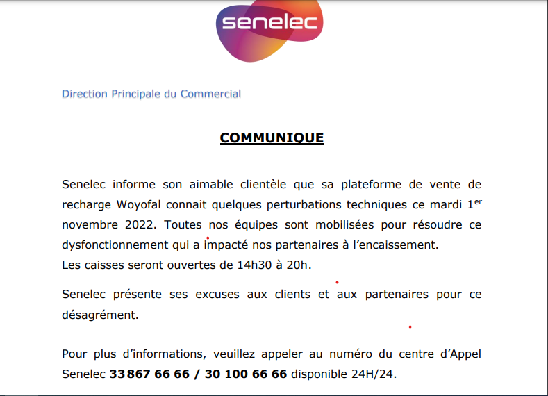 Woyofal connait quelques perturbations techniques ce mardi 1er novembre 2022 (Senelec)